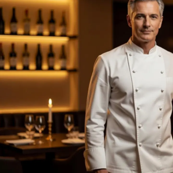 Elegáns portré a Találkozópont7 vezető séfjéről egy gyertyafényes, fine dining enteriőrben.