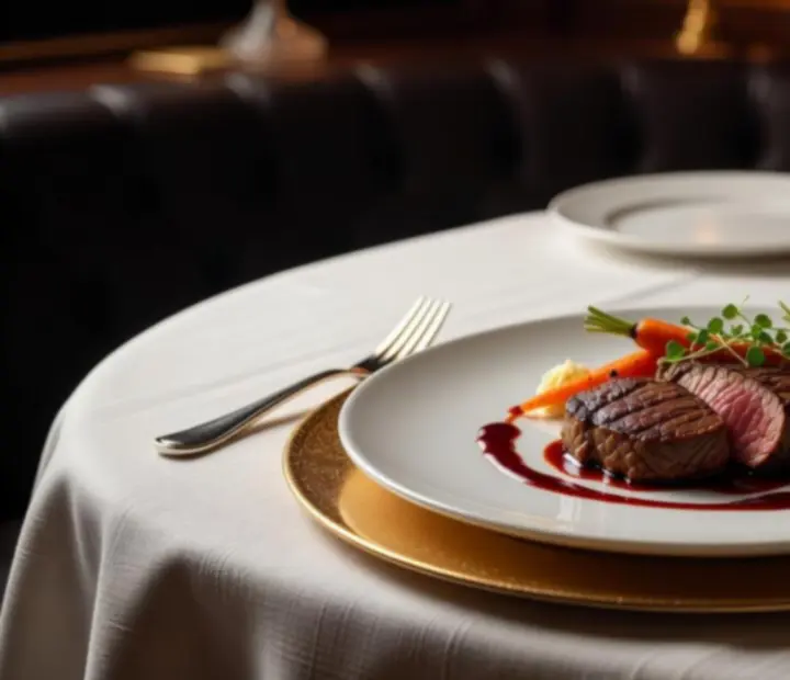 Gourmet marhafogás vörösboros párosítással a Találkozópont7 étterem hangulatos asztalán.