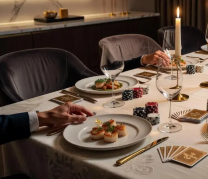 Gourmet fogásokkal és borospoharakkal megterített elegáns asztal.