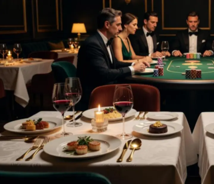 Cinematic gourmet vacsora és elegáns pókerasztal gyertyafényben
