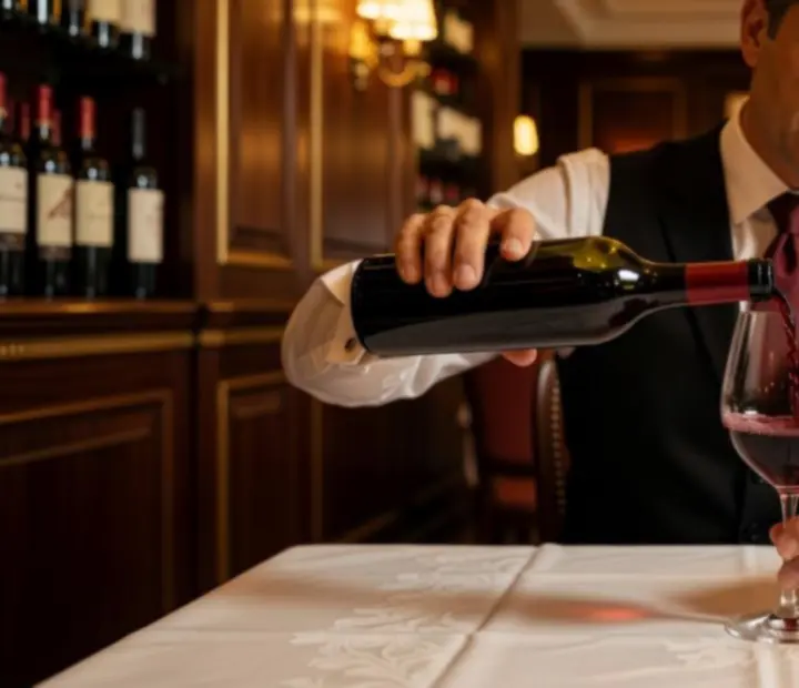 Sommelier elegánsan bort tölt egy kristálypohárba fehér abrosszal terített asztalnál.