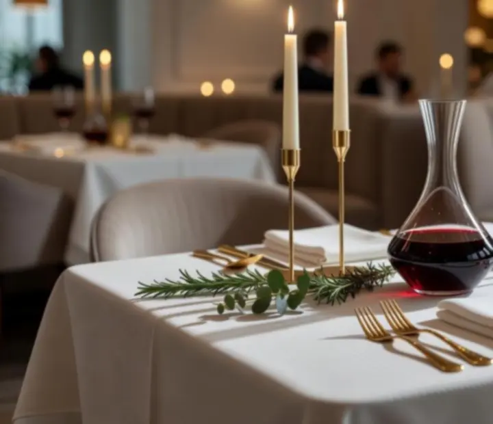 Gyertyafényes VIP asztal champagne arany dekorációval.