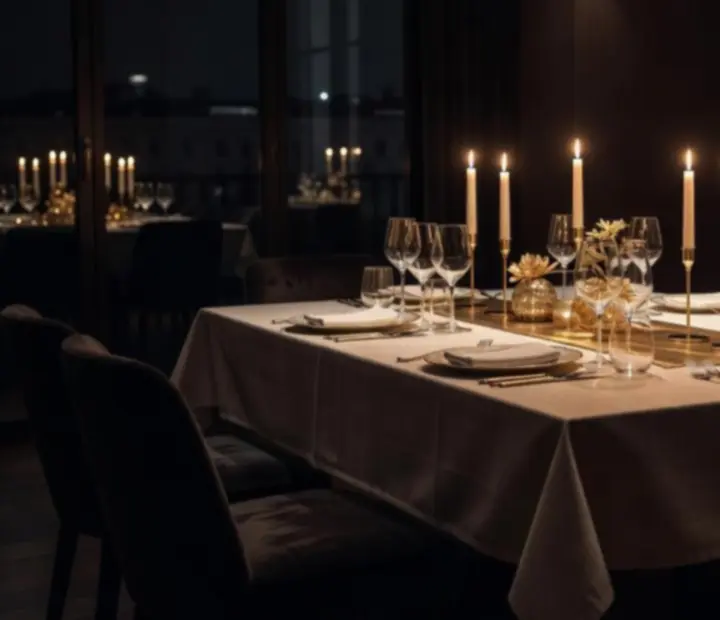 Privát, gyertyafényes VIP vacsora asztal elegáns enteriőrben.